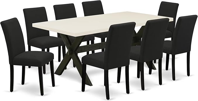 East West Furniture X627AB624-9 9 Piece Dining Set Includes a Rectangle Dining Room Table with X-Legs and 8 Black Color Linen Fabric Upholstered Parson Chairs, 40x72 Inch, Multi-Color