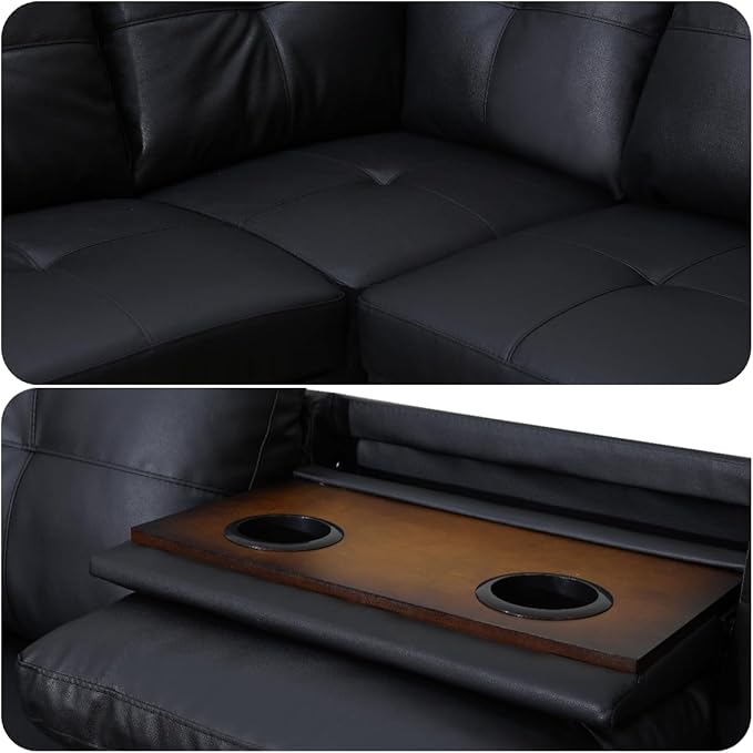 Modern Living Room Furniture Sets with Cup Holder, Modular Sectional Couches with Chaise Lounge, 4-Seaters L Shape Sofa with Storage Ottoman, for Living Room, Faux Leather, Black