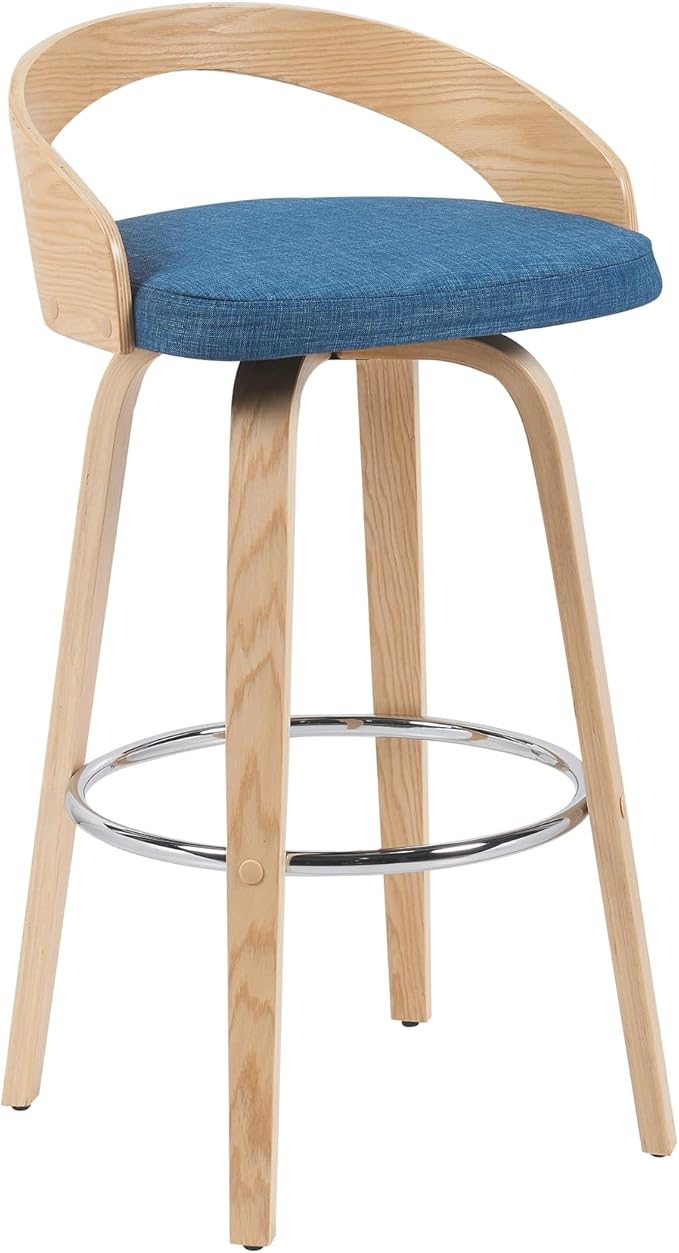 Sonia Modern Swivel Bar Height Stool with Blue Upholstered Seat and Patterned Oak Wood Finish Set of 4