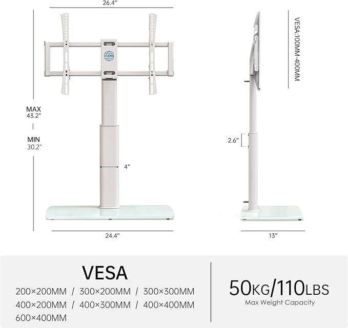 FITUEYES Universal TV Stand, Swivel TV Table Stand for 43 50-65 70 75 80 85Inch Flat Screen, Table Top TV Stand Base Replacement, Height Adjustable TV Mount Stand, Glass Base, Max Holds 110lbs