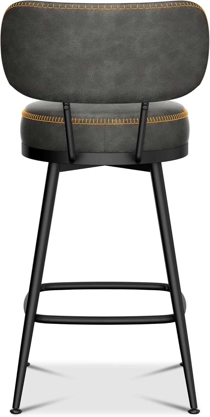 Counter Height Bar Stools, 26" H Swivel Barstools Set of 2, Faux Leather Kitchen Counter Stools with Back and Stylish Stitching, Metal Frame, Pub, Home Bar, Black Grey