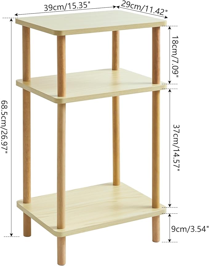 IBUYKE 3-Tier Side Table, Solid Wood Tall End Table with Storage Shelves, Nightstand Bedside Table for Living Room Bedroom Office, No-Tool Assembly, Light Natural UWST003S