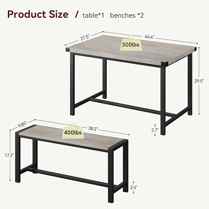 Dining Table Set for 4 with 2 Benches, 3-Piece Kitchen Table Set, Space-Saving Dining Set for Kitchen, Dining Room, Gray