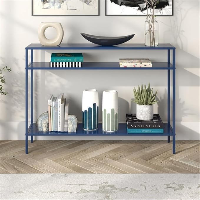 Henn&Hart 42" Wide Rectangular Console Table with Metal Shelves in Mykonos Blue, Entryway Table, Accent Table for Living Room, Hallway
