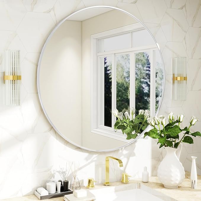 BEAUTYPEAK 30 Inch Round Mirror, Metal Frame Circle Mirror, Wall Mounted for Entryway, Bathroom, Vanity, Living Room, White