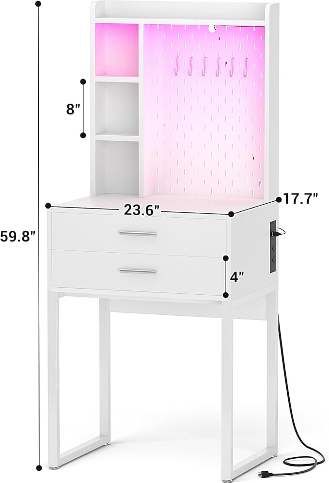 Small Vanity Desk with Hutch and Drawers, White Makeup Vanity Desk with Charging Station, Vanity Table Dressing Table with LED Lights, Vanity Desk No Mirror with Pegboard for Girls Women, 24"