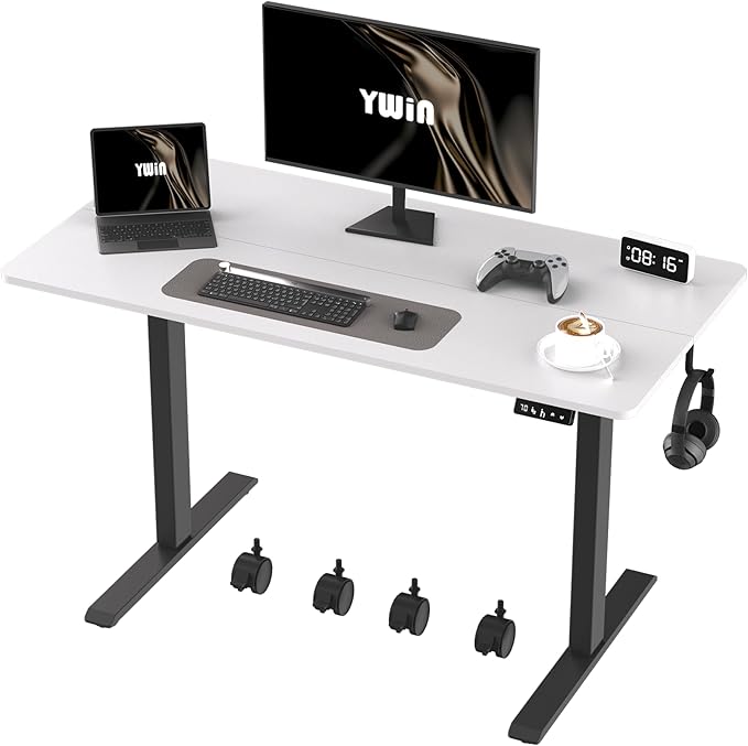 Ywin Electric Height Adjustable Standing Desk with Wheels, 63 x 24 inches Ergonomic Stand Up Desk for Home Office