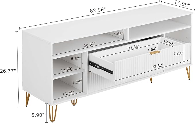 Manhattan Comfort Dumbo Mid Century Modern TV Stand for Televisions up to 60 Inches, Home Entertainment Center with Storage, 6 Shelves, 2 Drawers, No Tool Assembly, 63" Wide, White