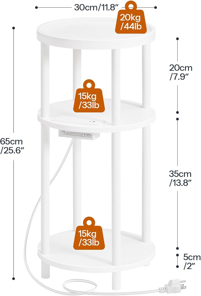 HOOBRO Set of 2 Small Round Side Tables with Charging Station, 3-Tier Round Bamboo End Tables, Easy Assembly, for Living Room, Bedroom, Apartment, White WT152UBZP201