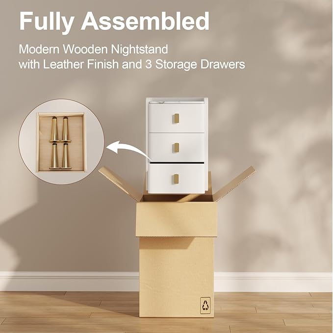 Narrow Nightstand with Drawers, Narrow Side Table Leather, Small Bedside Tables for Bedroom. (White)