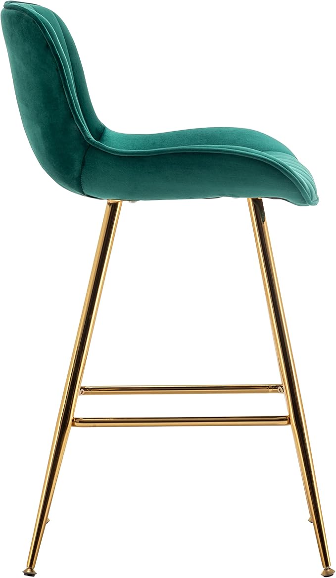 Sidanli Counter Height Bar Stools Set of 2, Modern Velvet Barstools with Back, 24 inch Seat Height Comfortable Island Stools with Gold Legs, Green
