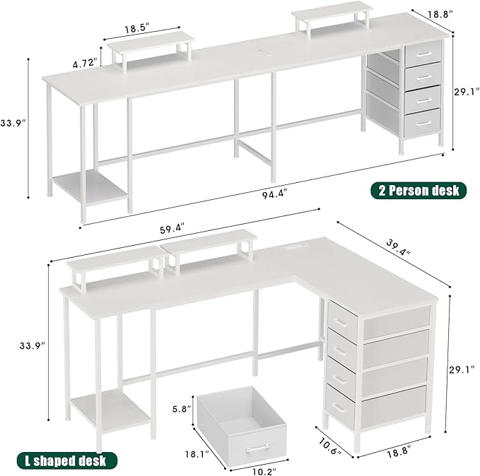 59 inch L Shaped Computer Desk with Power Outlets, Home Office Desk with 4 Adjustable Storage Drawers & 2 Monitor Stands, Two Person Gaming Table for Bedroom, White