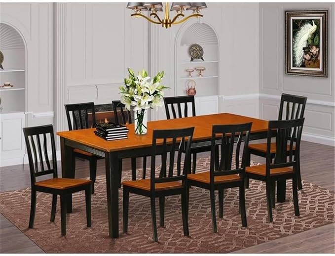 East West Furniture QUAN9-BCH-W 9 Piece Kitchen Table & Chairs Set Includes a Rectangle Dining Room Table with Butterfly Leaf and 8 Solid Wood Seat Chairs, 40x78 Inch, Black & Cherry