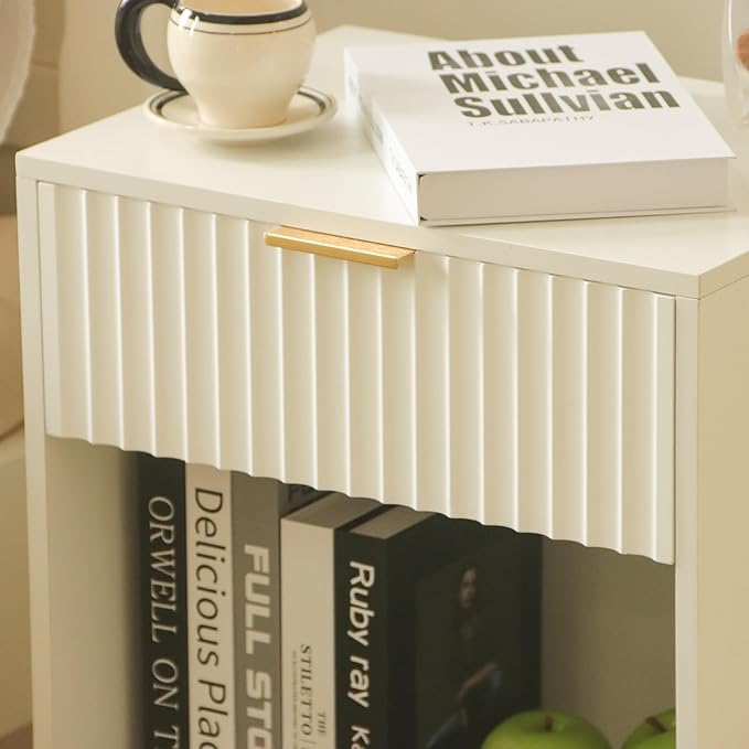 White Nightstand, Modern Bedside Table with Drawer and Opening Storage, Fluted End Side Table Living Room with Solid Wood Legs for Bedroom (White)