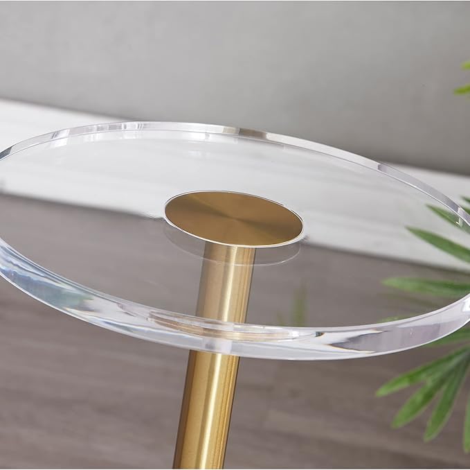 LIKENOW Furniture Acrylic Side Table,Clear Small Round End Table for Living Room,Bedroom,Office | Modern Nightstand with Marble Base,Gold Post,Clear Top for Drink,Food,Snack,Assembly(White)