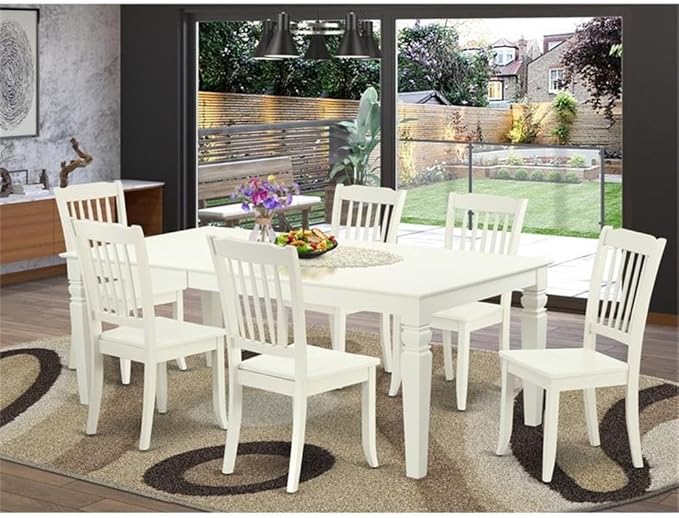 East West Furniture LGDA7-LWH-W 7 Piece Dining Table Set Consist of a Rectangle Dining Room Table with Butterfly Leaf and 6 Wood Seat Chairs, 42x84 Inch, Linen White