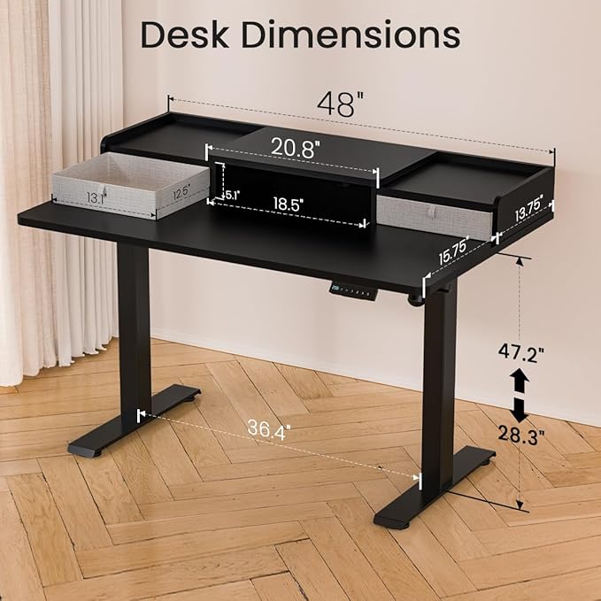 48x30 Inch Electric Standing Desk with Drawers & Widen Desktop, Thickened Desk Frame, Adjustable Height Sit Stand Up Table, Home Office Computer Desk with Cable Management, Classical Black