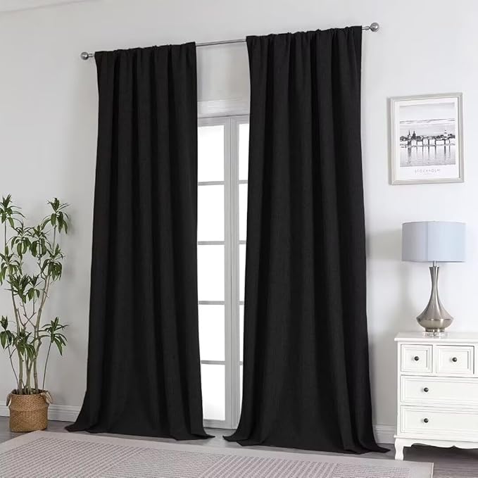 Joydeco Natural Linen Curtains 84 inch Length 2 Panels Set Burg 100% Blackout Patio Door Curtain Room Darkening Sliding Door Curtains Thermal Insulated Back tab Rod Pocket(105x84 inch, Black)