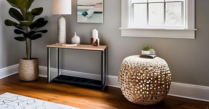 AC Pacific Bali Coastal Modern Narrow Console Table for Entryway, Hallway Decor, and Small Spaces, Compact Living Room Furniture with Natural Wood Top and Black Metal Legs, 39" Long