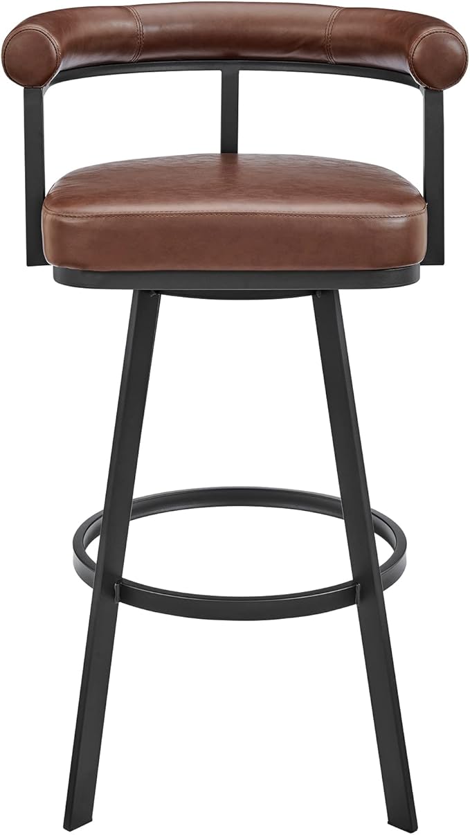 Armen Living Magnolia Swivel Counter Stool in Black Metal with Brown Faux Leather