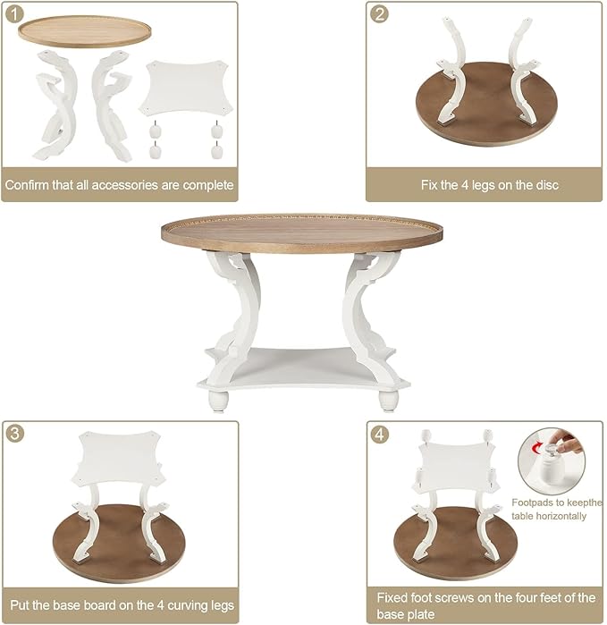 Wnutrees Farmhouse Round Coffee Table, Wood Tray Top Circle Coffee Table with Storage Shelf Rustic Style for Living Room and Vintage Finish, White