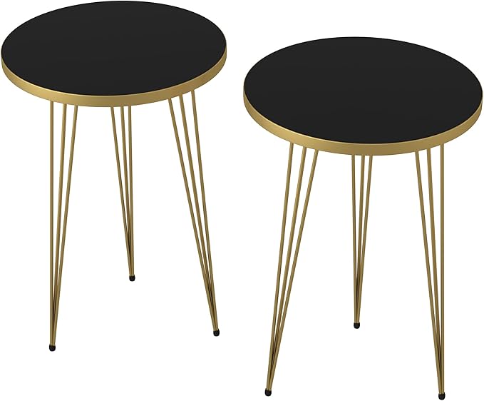 PAK HOME Set of 2 End Tables Round Wood Sofa Side Coffee Tables for Small Spaces, Nightstand Bedside Table with Metal Legs for Bedroom, Living Room, Office, Balcony (Black High Gloss)