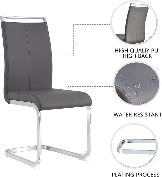 Dining Chairs Set, Kitchen Modern Metal Chairs with Faux Leather Padded Seat High Back and Sturdy Chrome Legs, Chairs for Dining Room (Grey, Set of 8)