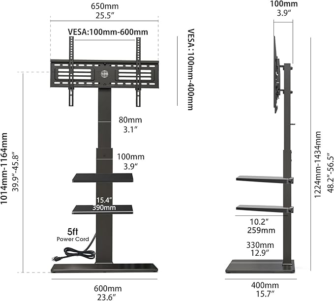 FITUEYES Floor TV Stand for 32-75 inch TV with Power Outlet, Tall TV Mount for Bedroom Living Room with Tempered Glass Base, TV Stand with Mount Holds Up to 88lbs MAX VESA 600x400mm,Black