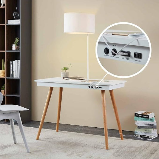 FENLO Future 39" Mid Century Modern Desk for Home Office, Office Desk with USB Charging Station, Wireless Charging, USB, USB-C Ports, White