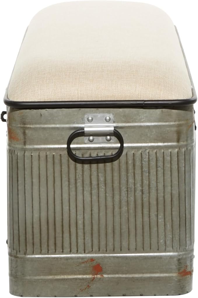 Deco 79 Metal Room Storage Bench Galvanized Entryway Bench with Cream Burlap Top, Bench 50" x 16" x 18", Gray