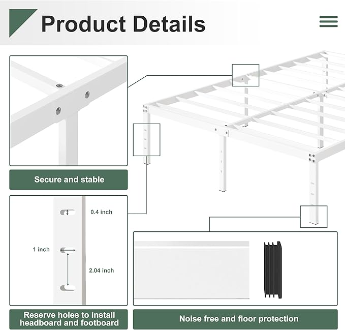 16 Inch White King Bed Frame Heavy Duty Metal Platform King Size Bed Frames with High Storage, Eassy Assembly 3,500 lbs Heavy Duty Bedframes