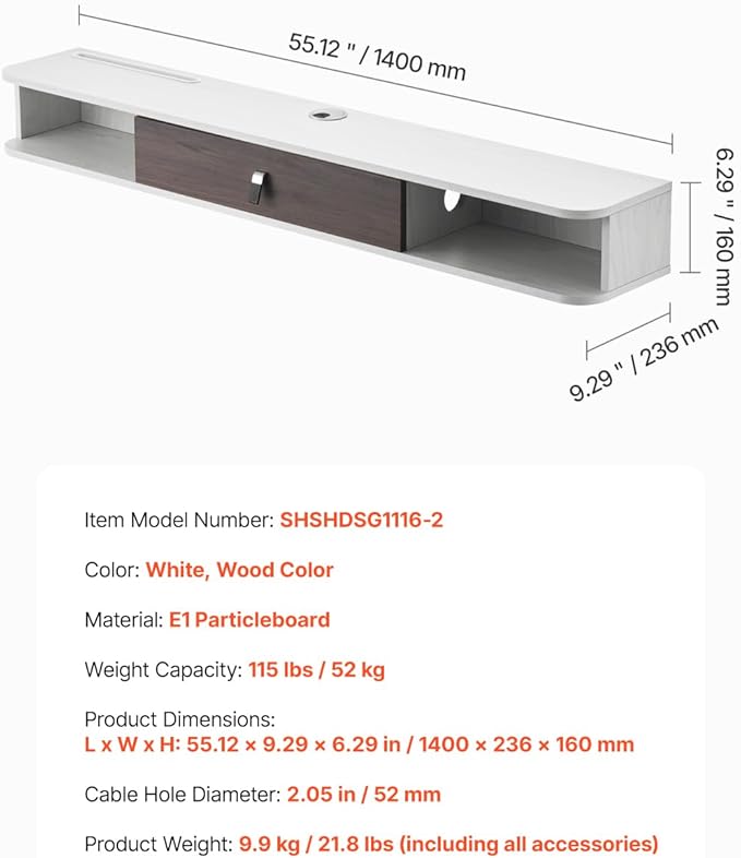 VEVOR Floating TV Stand, 55'' Under TV Shelf Wall Mounted Floating TV Console Modern Entertainment Center with Storage Cabinet, for Bedroom & Living Room, White