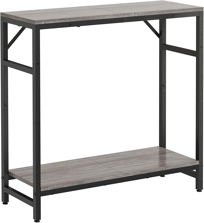 Narrow Console Table, 2 Tier Entryway Table, Thin Sofa Table, Industrial Couch Table with 2 Support Bar, Small Side Tables for Living Room, Bedroom, Hallway, Foyer, Grey