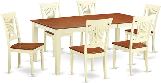 East West Furniture QUPL7-WHI-W 7 Piece Kitchen Table & Chairs Set Consist of a Rectangle Dining Room Table with Butterfly Leaf and 6 Solid Wood Seat Chairs, 40x78 Inch, Buttermilk & Cherry
