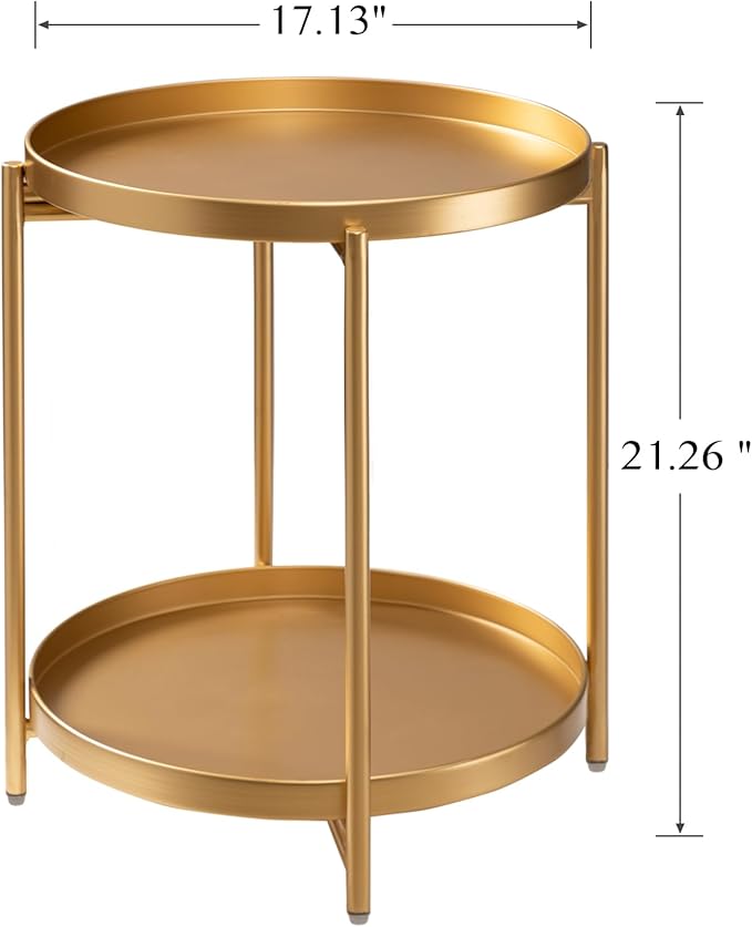 TeoKJ 2 Tier Round Side Table, Folding Metal Small Bedside Nightstand for with Two Removable Tray for Bedroom Living Room Bedside Small Spaces Gold