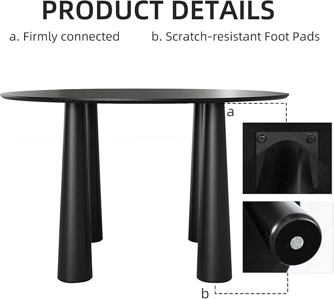 Casaphoria 52" Round Dining Table, Kitchen Table for 6 with Arc-Shaped Edge Top and Cylindrical Legs, Easy Assembly for Living Room, Dining Room, Black
