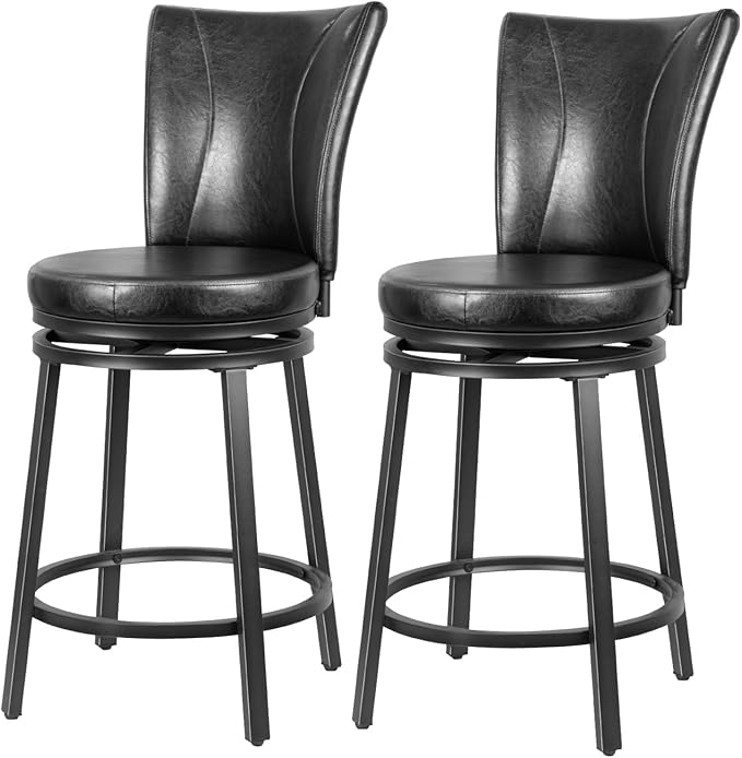 Bar Stools Set of 2, Counter Height Swivel Bar Chair with High Backrest, 24 inch Round Seat Barstools for Kitchen Island, Pub, Metal Base, Upholstered PU Leather Dining Chairs Black