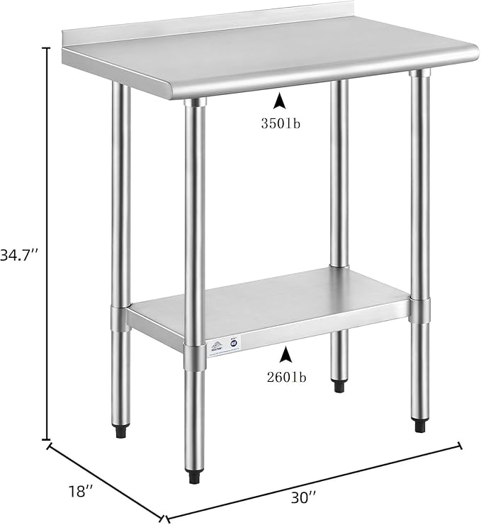 ROCKPOINT Stainless Steel Table for Prep & Work with Backsplash 18x30 Inches, NSF Metal Commercial Kitchen Heavy Duty Table with Adjustable Under Shelf and Table Foot for Restaurant, Home and Hotel