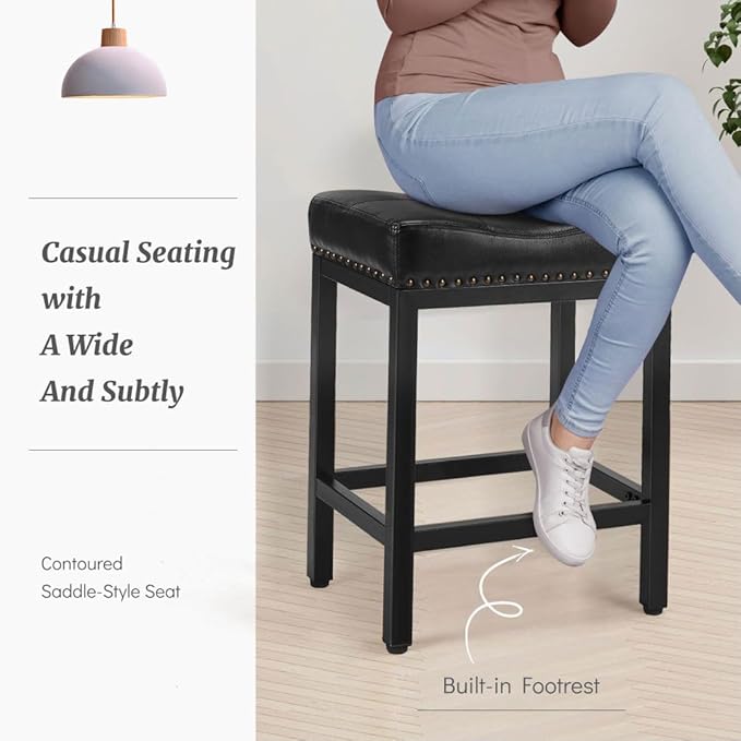 Counter Stools Set of 2 Upholstered Counter Height Bar Stools with Padded Seats and Metal Base, Leather Saddle Stool for Modern Kitchen Island, 22.4-Inch, Black