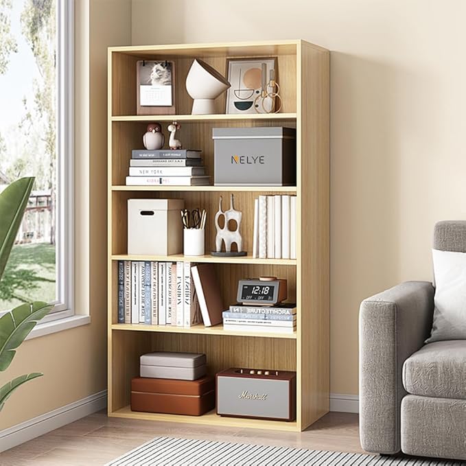Basic Open Shelf Bookcase - 5-Tier Wooden Cube Storage Shelves Split Bookshelf, Oak
