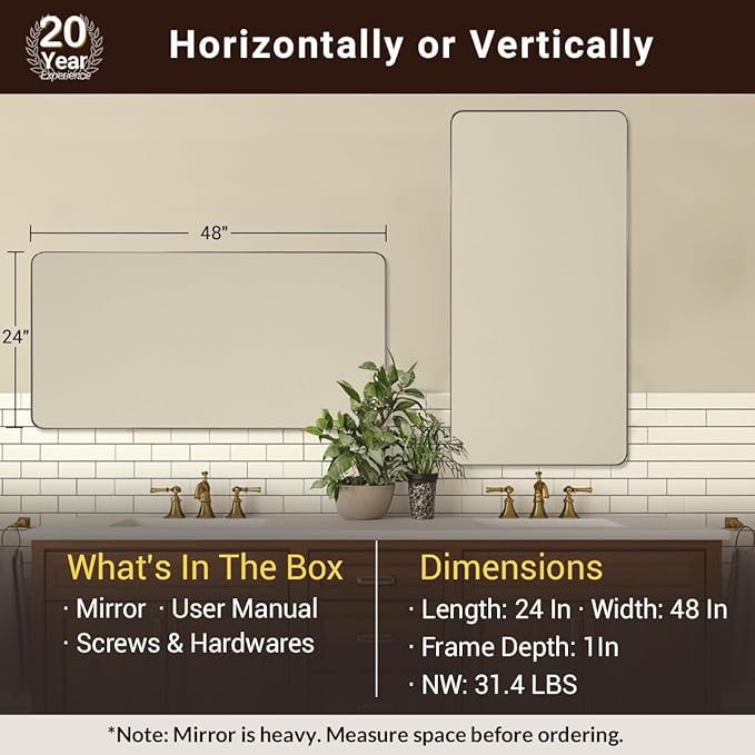ANDY STAR Brushed Nickel Mirrors for Bathroom Sink, 24x48 Inch Bathroom Vanity Mirror with Rectangular Metal Frame-Modern Clean Design with Superior Stainless Steel Frame