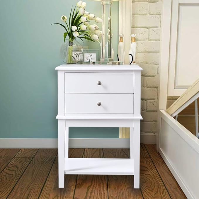conifferism White Nightstand 2 Drawers and Storage Shelf, 28" High Bedroom Night Stand, Contemporary Modern Bed Side Table, Living Room Country Cottage 19" Wide End Table Metal Sliders