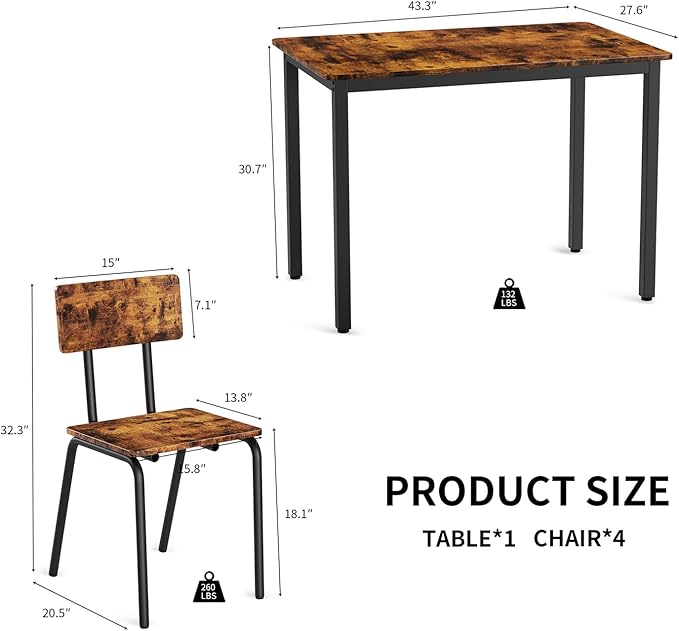 5-Piece Dining Table Set with 4 Chairs, 43" Kitchen Table Chairs Set of 4, Rectangular Dining Room Table Set with Metal Frame & MDF Board, Perfect for Small Space, Brown