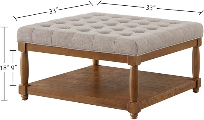 24KF Upholstered Square Coffee Table with Wooden Shelf, Tufted Button Large Square Ottoman with Spindle Wooden Legs, Linen Large Footrest Ottoman Pouf for Living Room, Linen