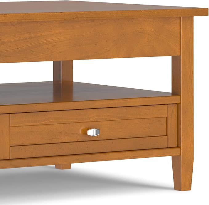 SIMPLIHOME Warm Shaker Lift Top Coffee Table - 48 inch Wide Solid Wood Cocktail Table in Light Golden Brown, Transitional Living Room Table with Hidden Storage, 2 Drawers, and Open Shelf