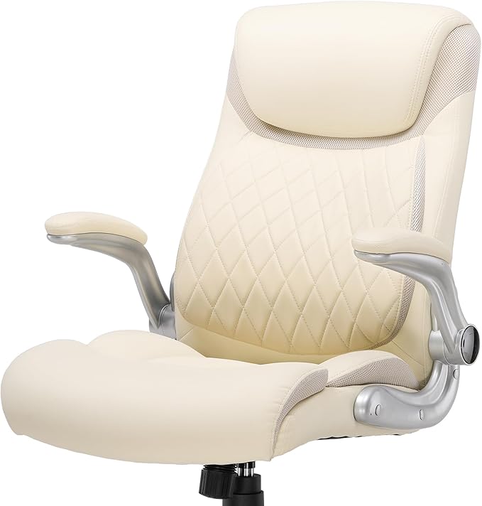 COMHOMA Big and Tall Office Chair, High Back Leather Executive Chair with Pocket Spring Lumbar Support and Flip-up Armrests, Swivel Managerial Office Chair with Adjustable Height， Beige