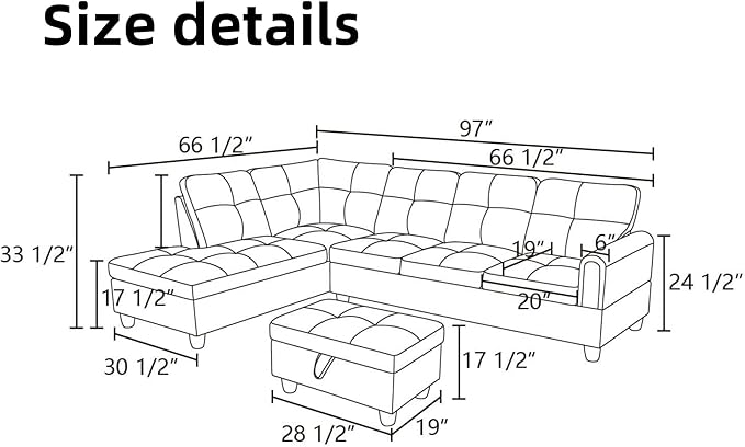 L Shaped Sectional Couches, Leather Couch Modular Sectional Sofa with Ottoman Storage, Modern L Shaped Couch with Chaise for Living Room Bedroom Apartment Furniture, Gray