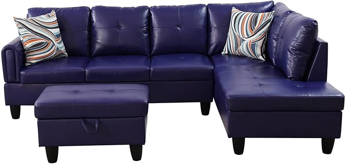 NicBex Sectional Couch 3 Pieces Sofa Set with Left Chaise Faux Leather L Shaped Cloud Couch for Living Room Furniture Sets with Storage Ottoman, Modular Sofa for Living Room & Apartment, Indigo