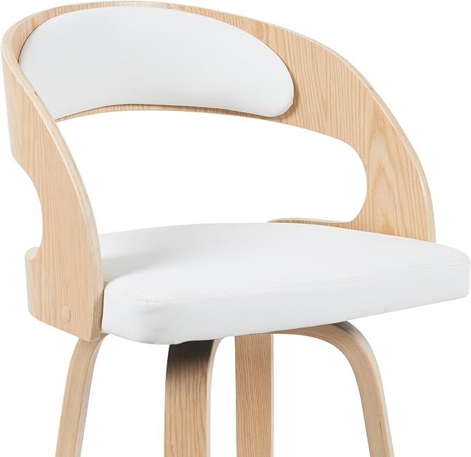 Shelly Modern Bar Height Swivel Stool in Patterned Oak Finish with White Faux Leather Upholstered Seat Set of 3