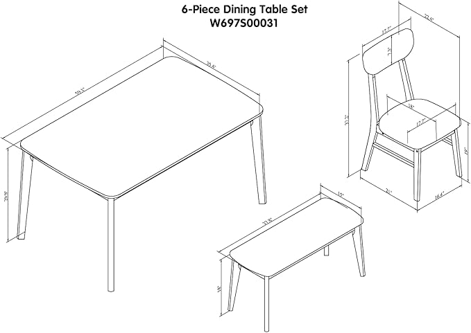 Merax 6-Piece Dining Table Set, One Table One Bench and Four Chairs, High Gloss White Tabletop with Light Oak Color